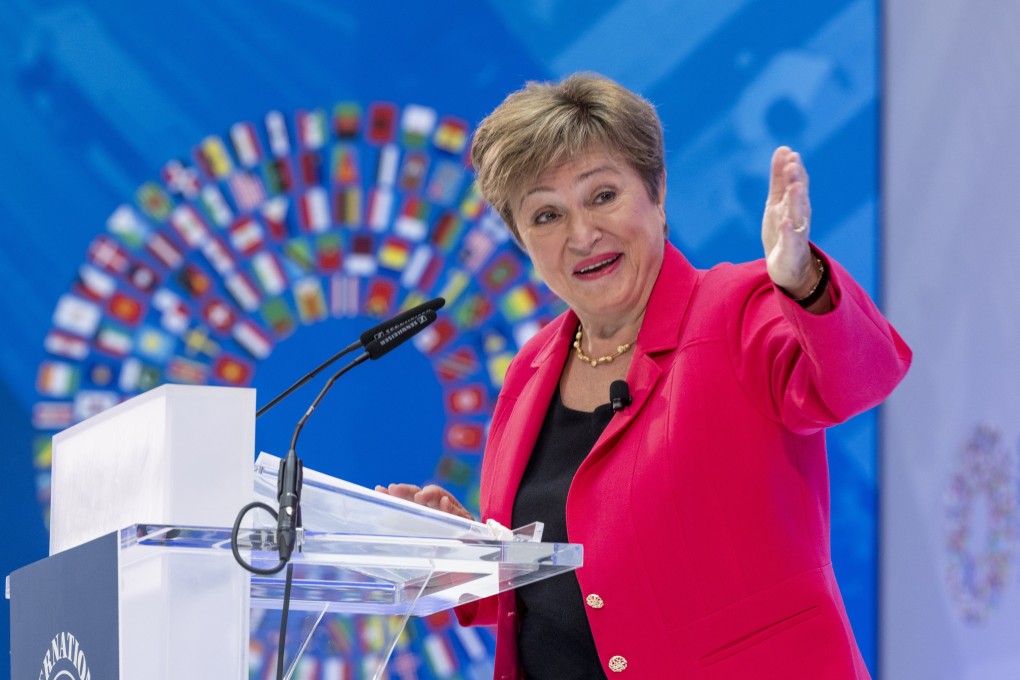 IMF Managing Director Kristalina Georgieva delivers a speech ahead of   next week’s World Bank Group and IMF 2025 spring meetings, at the IMF headquarters in Washington on April 17. Photo: EPA-EFE