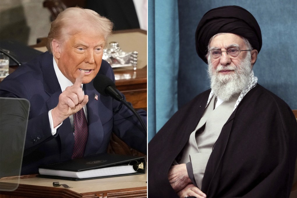 US President Donald Trump (left) addressing a joint session of Congress on March 4, and Iranian Supreme Leader Ayatollah Ali Khamenei attending a ceremony in Tehran on March 8. Photo: AP