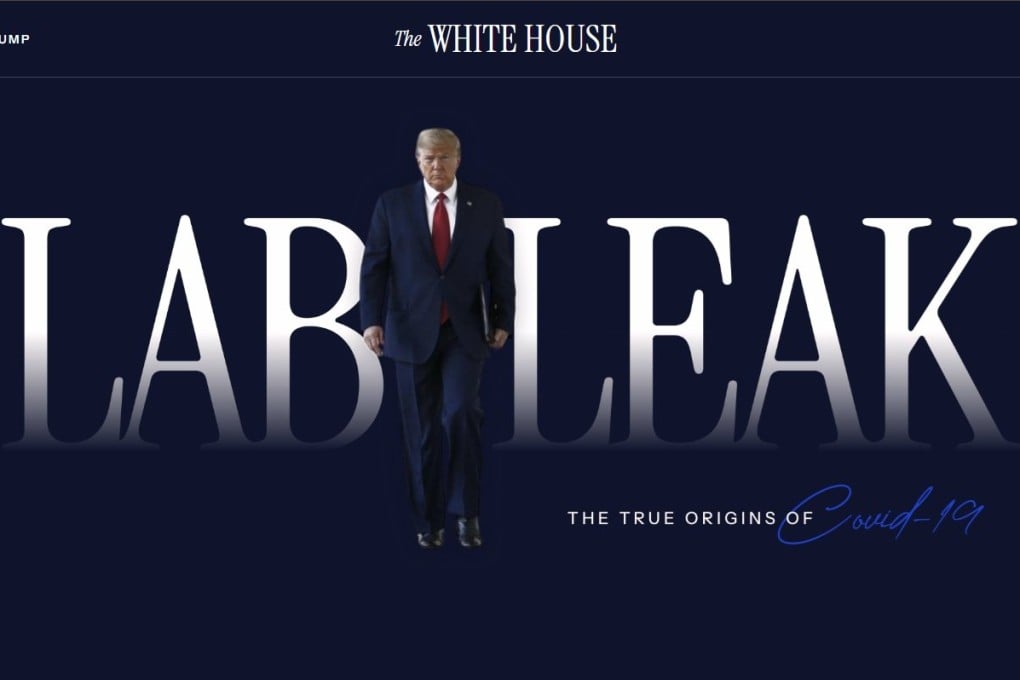 The updated website shows a photo of US President Donald Trump walking between the words “lab” and “leak” under a White House heading. Image: covid.gov