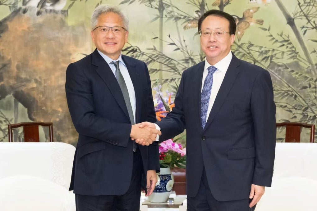 Shanghai Mayor Gong Zheng, r(ight) welcomes Nvidia chief executive Jensen Huang to Shanghai. Photo: Shanghai Fabu
