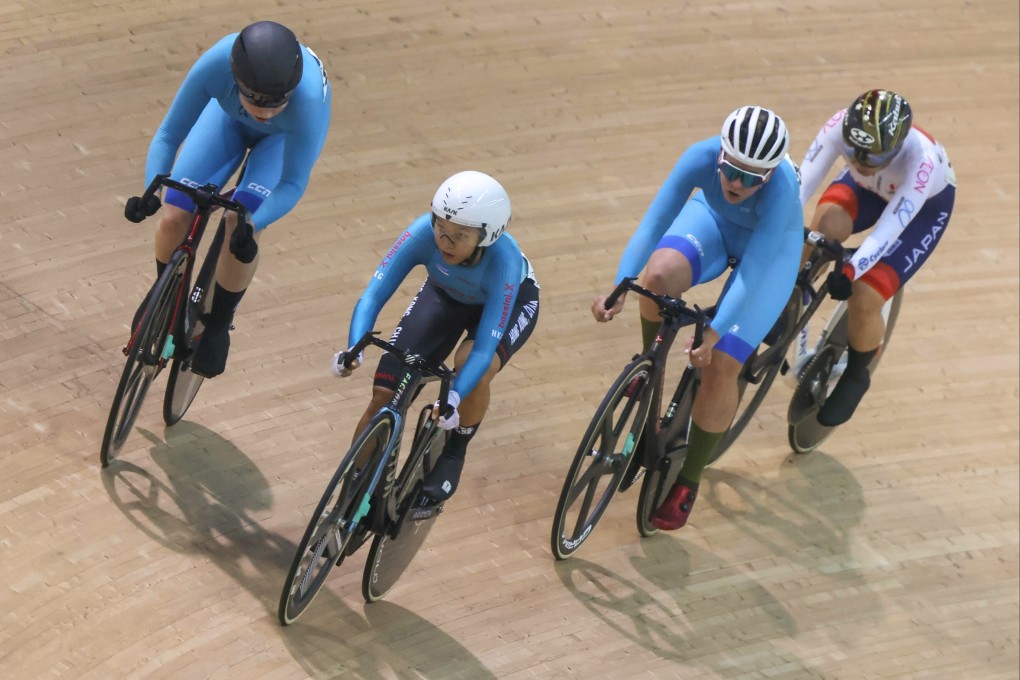 Hong Kong’s Ceci Lee (white helmet) won a bronze medal in the elite omnium at the Hong Kong International Track Cup on Saturday. Photo: Jonathan Wong