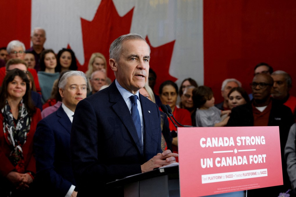 Canada’s Prime Minister Mark Carney announces the release of his party’s platform during his Liberal Party election campaign tour, at Durham College in Whitby, Ontario, on Saturday. Photo: Reuters