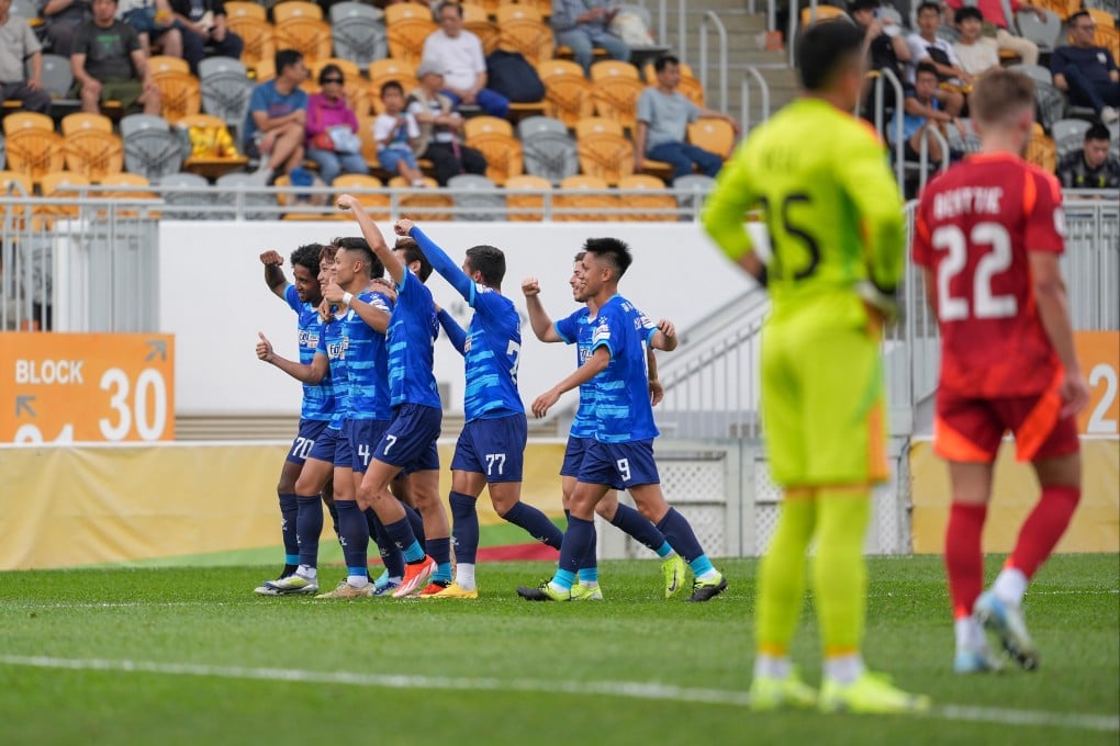 Rangers players (left) celebrate after Li Wing-ho scored their second. Photo: Elson Li