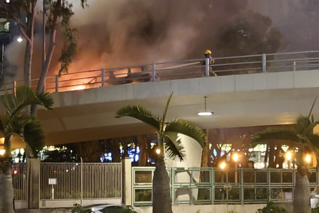 At about 7.15pm, the vehicle was seen on fire on the westbound Gloucester Road flyover near Victoria Park. Photo: Antony Dickson