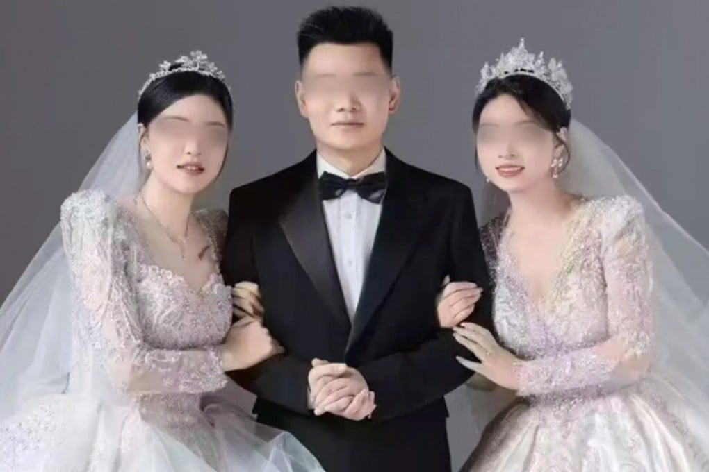 A Chinese man faced criticism after sharing a wedding photo featuring two women, asserting that it was merely a joke. Photo: Douyin
