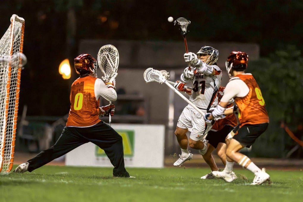 Sanshiro Nakanao (centre, in white) scored twice for Hong Kong’s men as they lost to SLDL in the final. Photo: Hong Kong Lacrosse Open