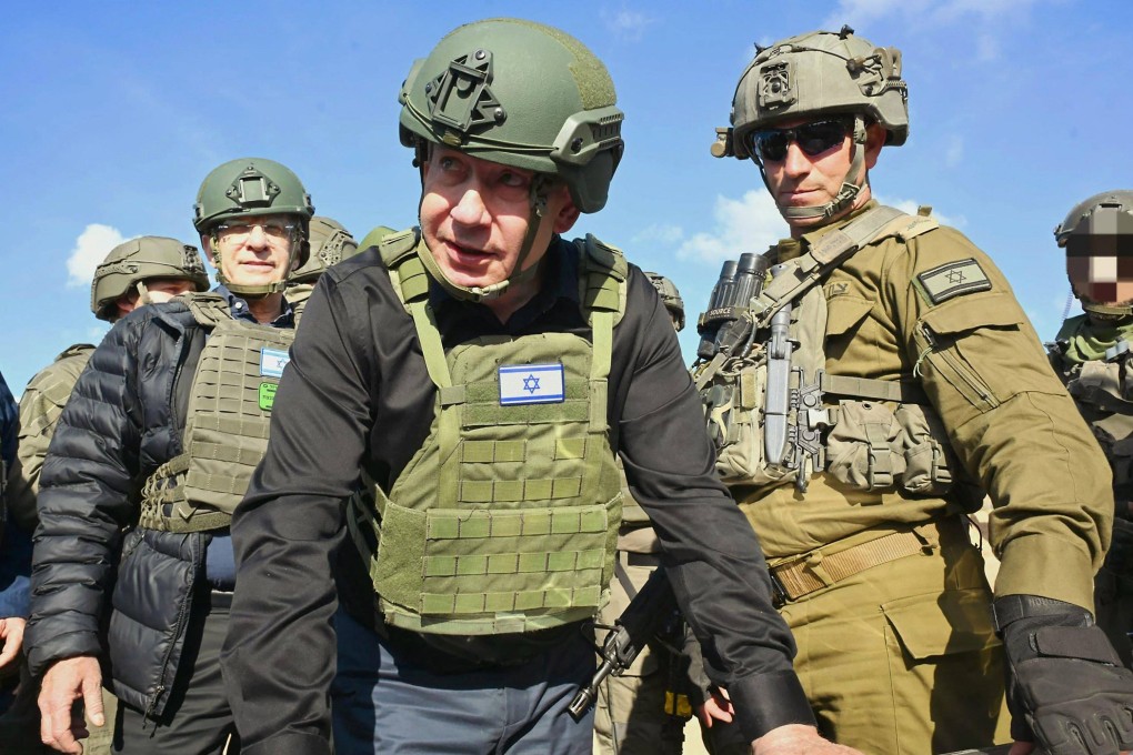 Israeli Prime Minister Benjamin Netanyahu (centre) is seen on a visit to the northern Gaza Strip on Tuesday. Photo: GPO via AFP