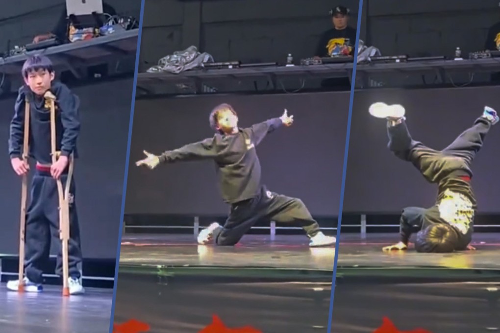A disabled boy in China has captivated social media with his street dancing performances and dreams of performing at the Asian Games. Photo: SCMP composite/Douyin