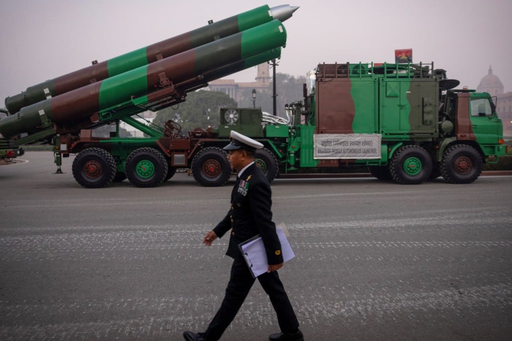 An Indian naval officer walks past the army’s BrahMos weapon systems during a rehearsal for the Republic Day parade in January 20. Photo: Reuters