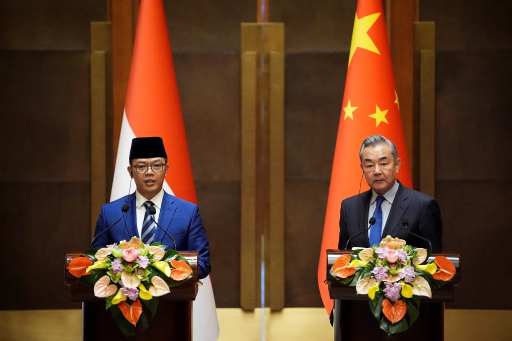 Chinese Foreign Minister Wang Yi and his Indonesian counterpart Sugiono at a press briefing after the first China-Indonesia “2+2” foreign and defence ministerial dialogue, in Beijing on Monday. Photo: via Reuters