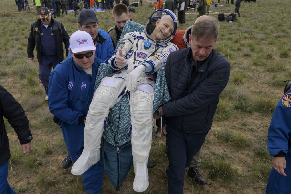 Nasa astronaut Don Pettit is carried to a medical tent shortly after landing near the town of Zhezkazgan, Kazakhstan, on Sunday. Photo: Nasa/EPA-EFE