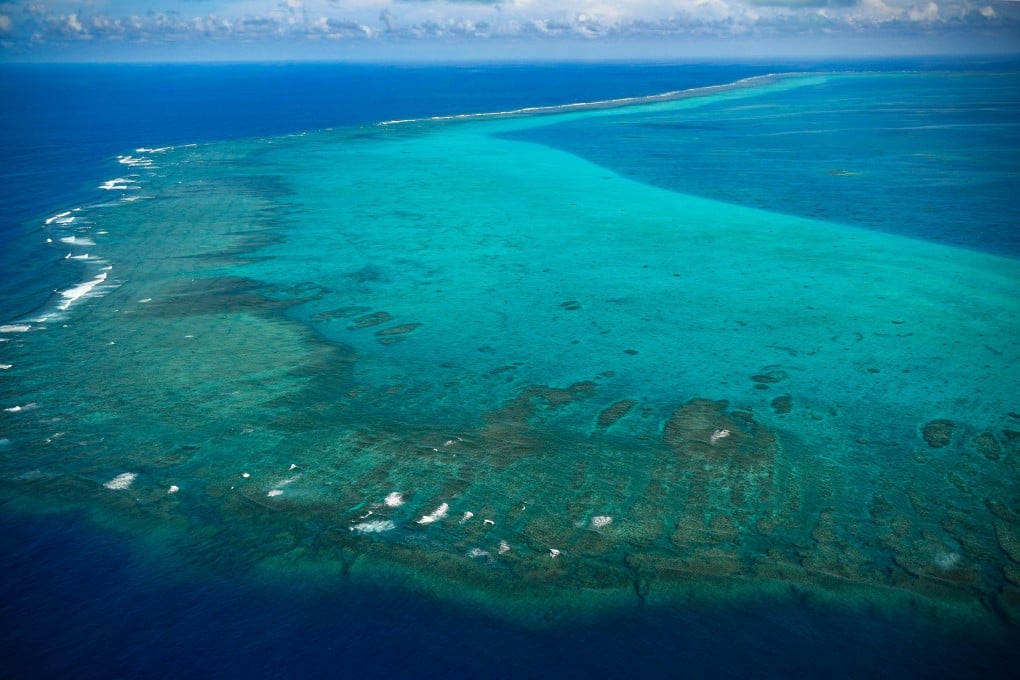 An aerial view of the Chinese-controlled Scarborough Shoal taken in 2023 during a maritime surveillance flight by the Philippine Bureau of Fisheries and Aquatic Resources. Photo: AFP