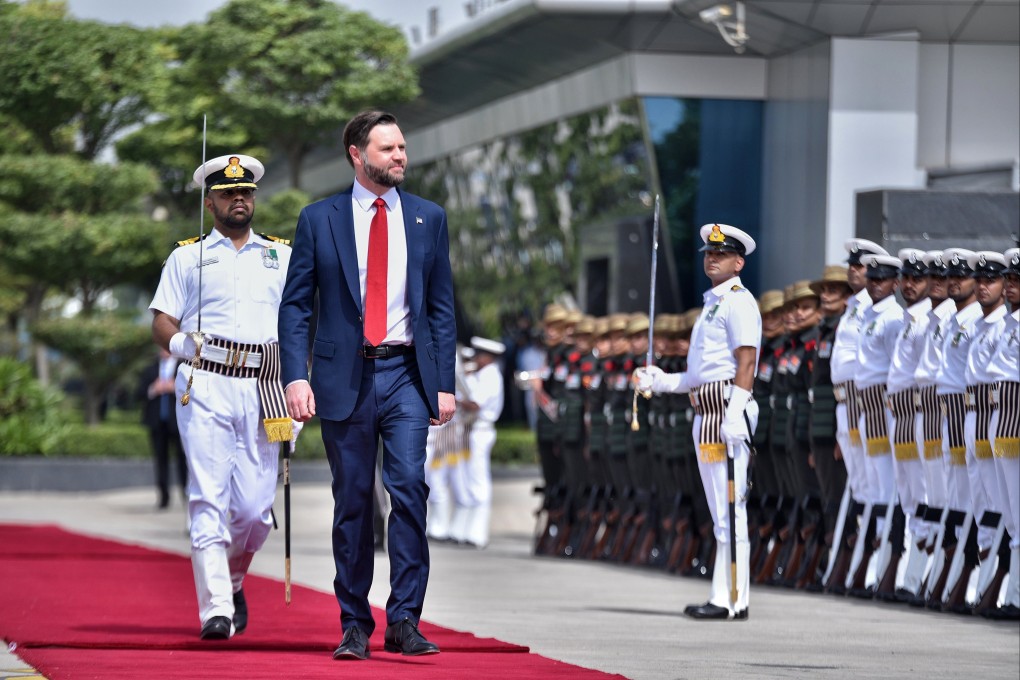 US Vice-President J.D. Vance inspects an honour guard as he arrives in New Delhi, India, on Monday. Photo: EPA-EFE/Indian Ministry of External Affairs