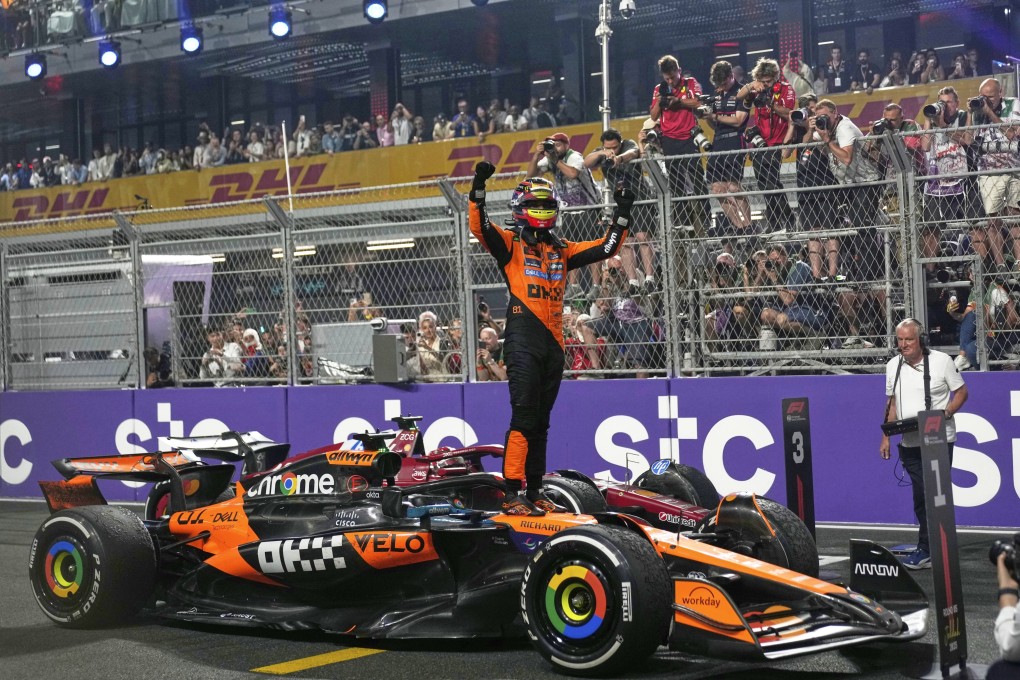 McLaren driver Oscar Piastri celebrates after winning the Saudi Arabian Grand Prix at the Jeddah Corniche Circuit. Photo: AP