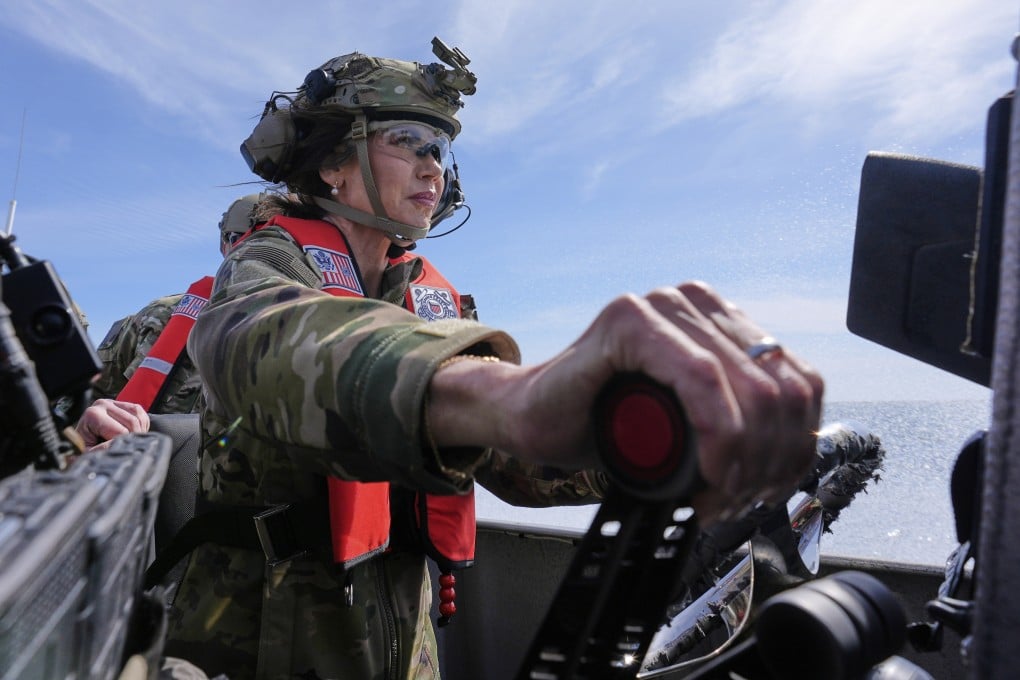 US Homeland Security Secretary Kristi Noem pilots a coastguard boat in San Diego on March 16. Photo: AP