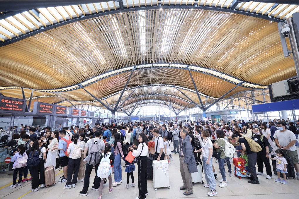 People departing Hong Kong are seen at Hong Kong-Zhuhai-Macao Bridge Hong Kong Port Passenger Clearance Building on the first day of the Easter holiday. Photo: Nora Tam