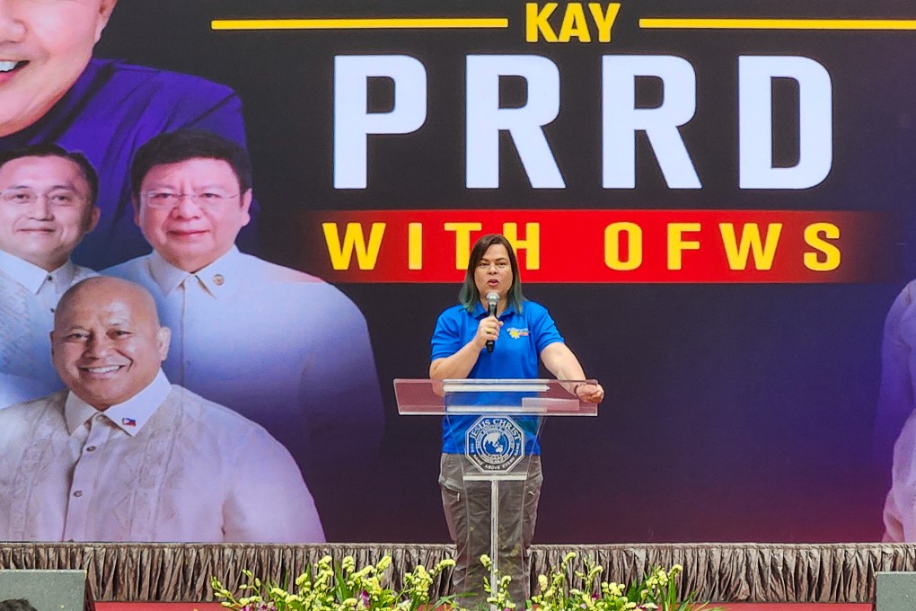 Philippine Vice-President Sara Duterte-Carpio speaks to overseas Filipino workers at an event in Hong Kong on March 9. Photo: Harvey Kong