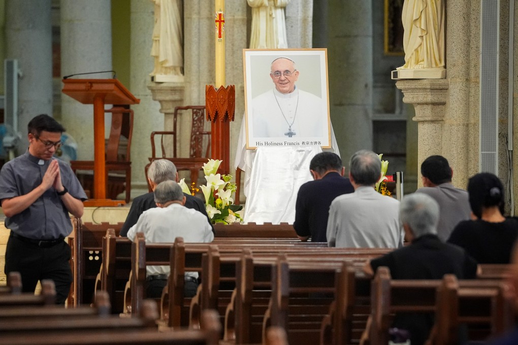 Clergy and members of the public mourn the death of Pope Francis at the Cathedral of the Immaculate Conception. Photo: Elson Li