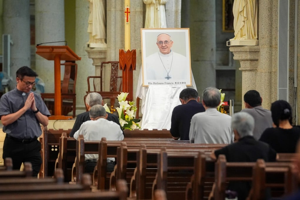 Clergy and members of the public mourn the death of Pope Francis at the Cathedral of the Immaculate Conception. Photo: Elson Li