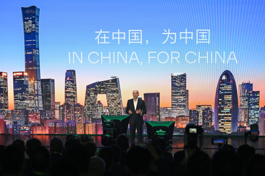 The Volkswagen board member responsible for the company’s operations in China, Ralf Brandstaetter, speaks at a presentation on Tuesday ahead of the Shanghai International Automobile Industry Exhibition. Photo: DPA