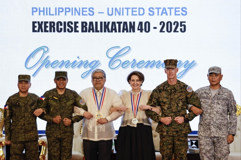 Philippine and US officials and military officers at the launch of this year’s Balikatan exercise in Quezon City on Monday. Photo: EPA-EFE
