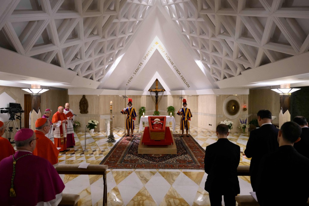The body of Pope Francis is seen in his open coffin during the rite of the Confirmation of the Death of the Pontiff at the Chapel of Santa Marta in The Vatican on Monday. Photo: Vatican Media handout by AFP