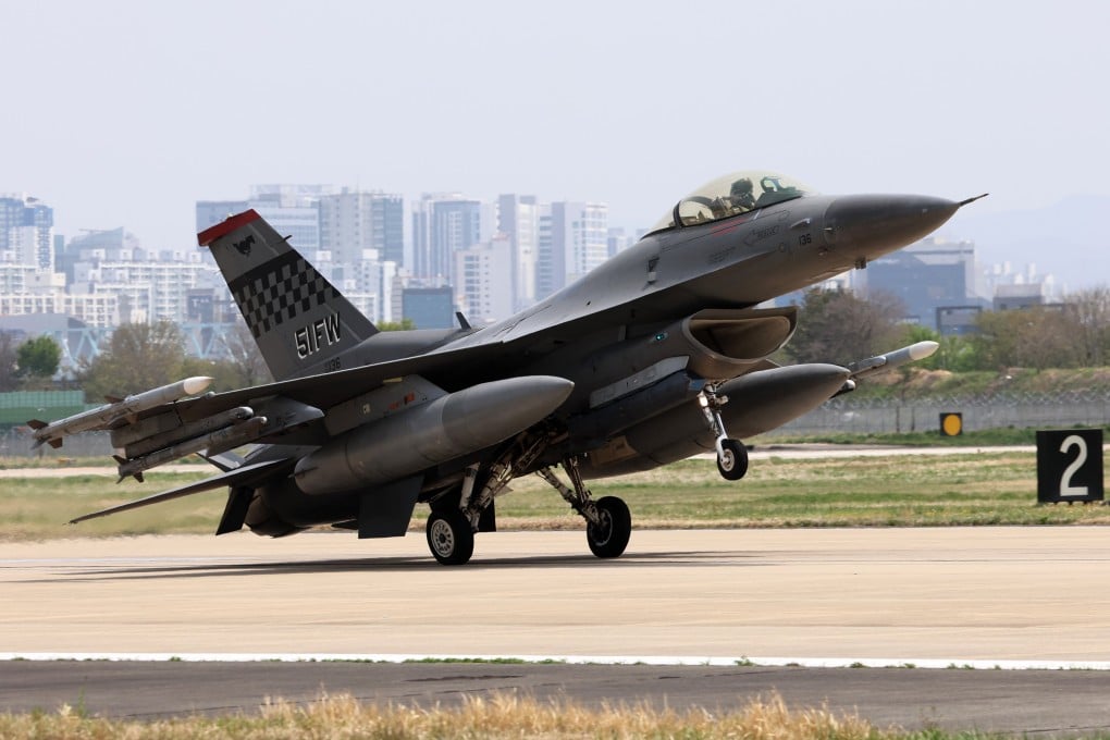 A US F-16 fighter jet lands at an air base in Gwangju, South Korea. The F-16 is a manoeuvrable fighter jet designed for air-to-air and air-to-surface combat. Photo: Yonhap/EPA-EFE