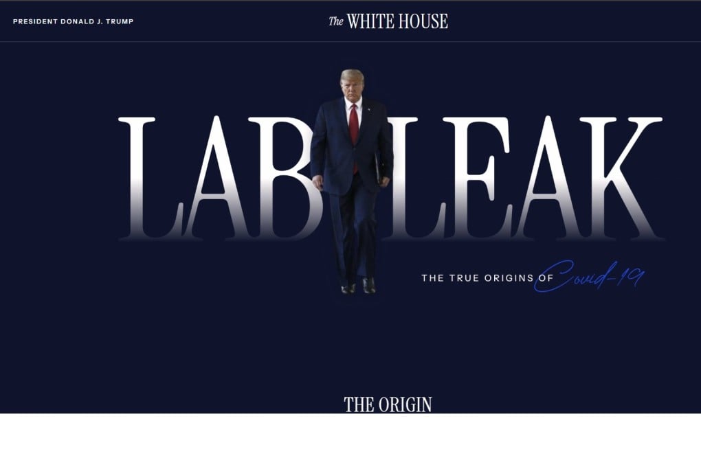 A revamped White House website about Covid-19, shown here on Friday, displays a photo of US President Donald Trump walking between the words “lab” and “leak”. Photo: Whitehouse.gov