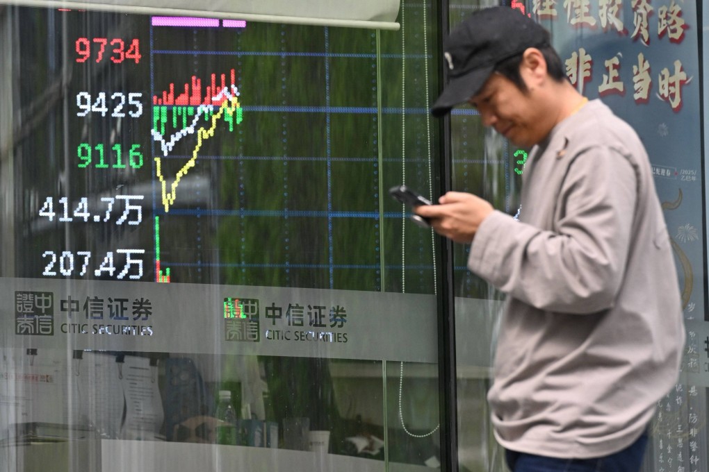 A screen showing stock market data is seen in Beijing. Photo: AFP