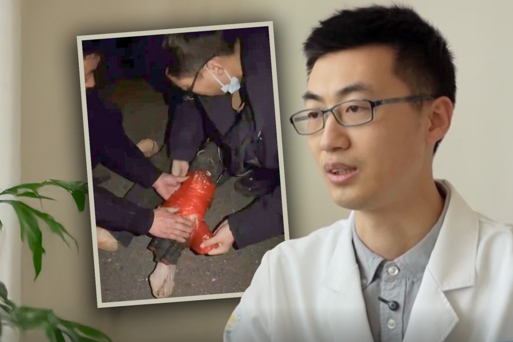 An off-duty doctor in China has saved a road accident victim by using a badminton racket and a plastic bag. Photo: SCMP composite/The Paper/Sohu