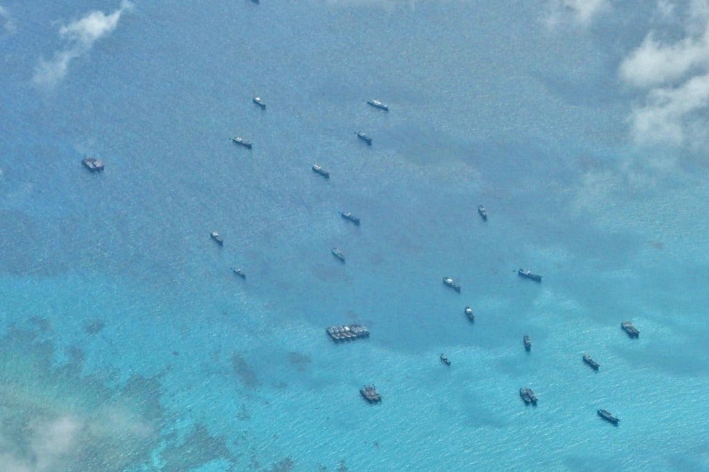 Chinese vessels sail in the South China Sea near Iroquois Reef, located at the southern end of Reed Bank, in June 2023. Photo: X/sentdefender