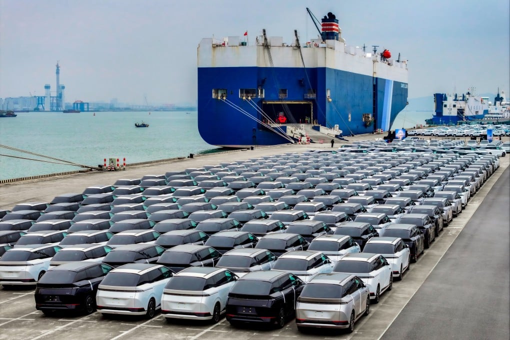 Xpeng vehicles being loaded onto a ship in Guangzhou. Photo: Handout