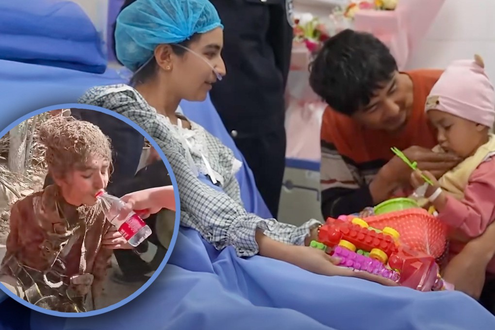 A father in Xinjiang, China has told his toddler daughter to “never forget” the woman police officer who rescued her from a deep well she had fallen into. Photo: SCMP composite/The Paper/YouTube