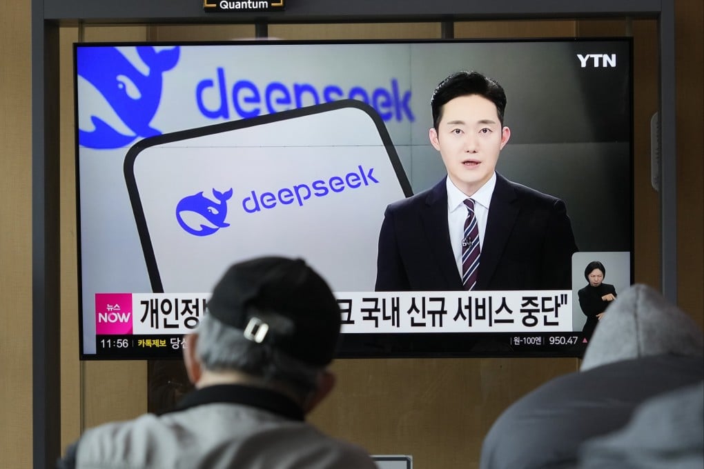 People watch a TV report on DeepSeek, during a news programme in Seoul, South Korea. A probe found that DeepSeek data sent to a Chinese server without consent. Photo: AP