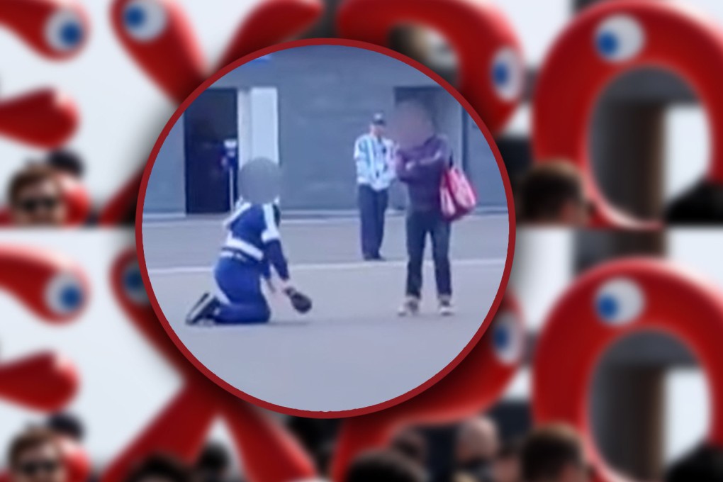 A Japanese man who demanded that a security guard kneel and bow in front of him at the Osaka Expo has sparked public outrage. Photo: SCMP composite/Shutterstock/Xinhua/YouTube