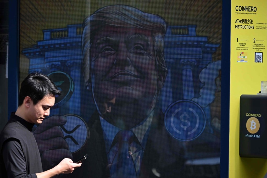 An image of US President Donald Trump seen next to a bitcoin ATM in Hong Kong on April 9. Photo: AFP