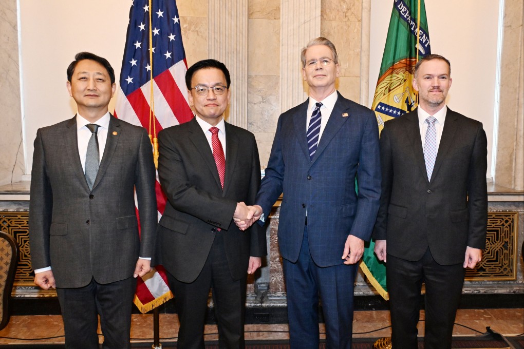 (From left) South Korea’s Trade Minister Ahn Duk-geun and Finance Minister Choi Sang-mok meet US Treasury Secretary Scott Bessent and Trade Representative Jamieson Greer ahead of their trade talks in Washington on Thursday. Photo: EPA-EFE