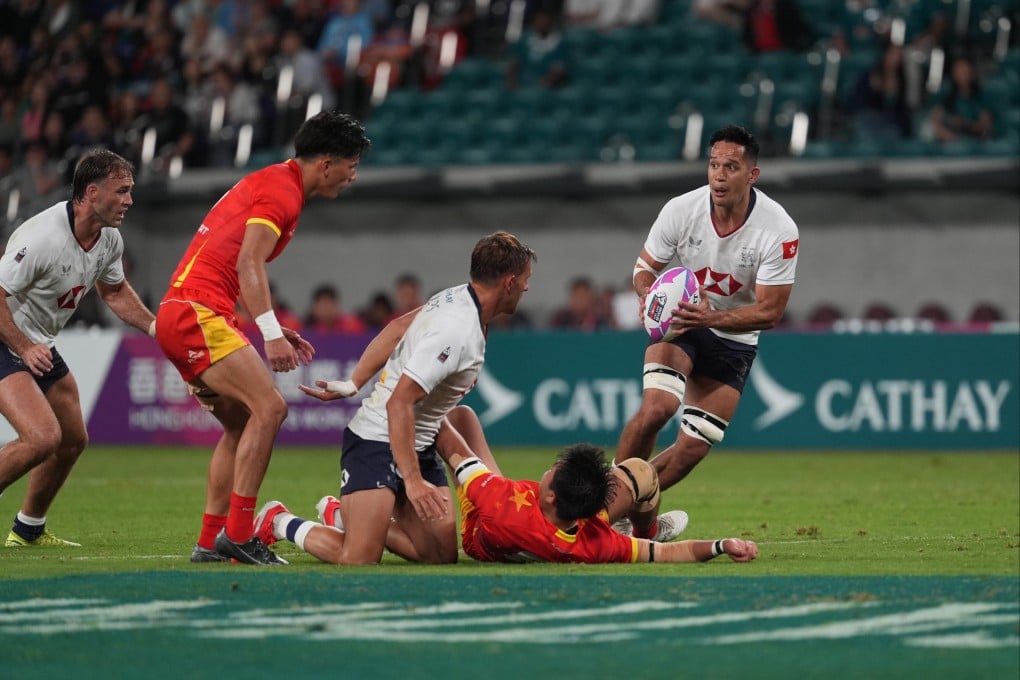 Michael Coverdale (right) in action against China at this year’s Hong Kong Sevens. Photo: Elson Li