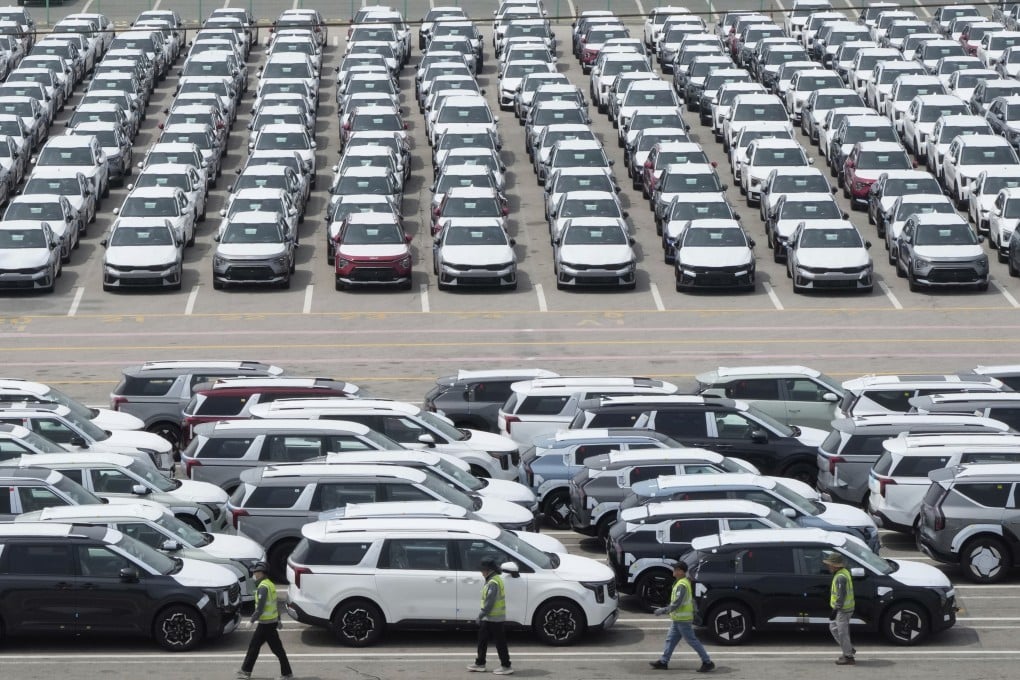 Cars for export are parked at a port in Pyeongtaek, South Korea, on Thursday. The country’s vehicle industry is facing the greatest impact from new US tariffs. Photo: AP