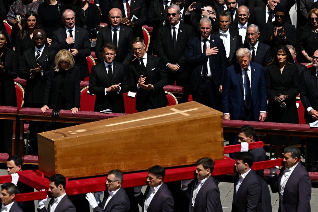 World leaders watch as the coffin of Pope Francis passes at his funeral at the Vatican on Saturday. Photo: Reuters