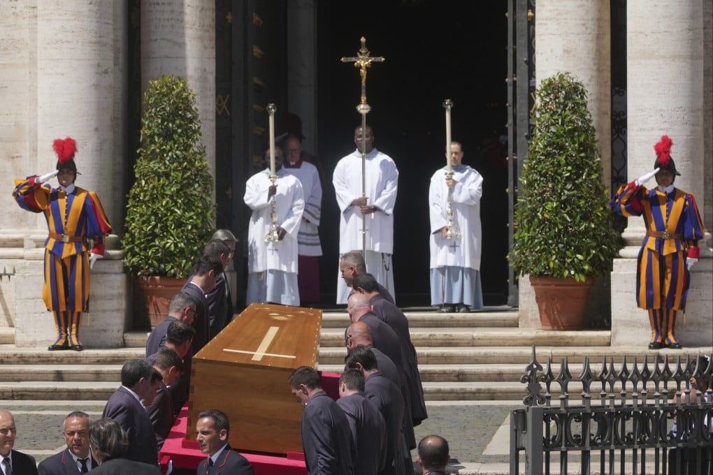 The coffin of Pope Francis arrives at St. Mary Major Basilica in Rome on Saturday. Photo: AP