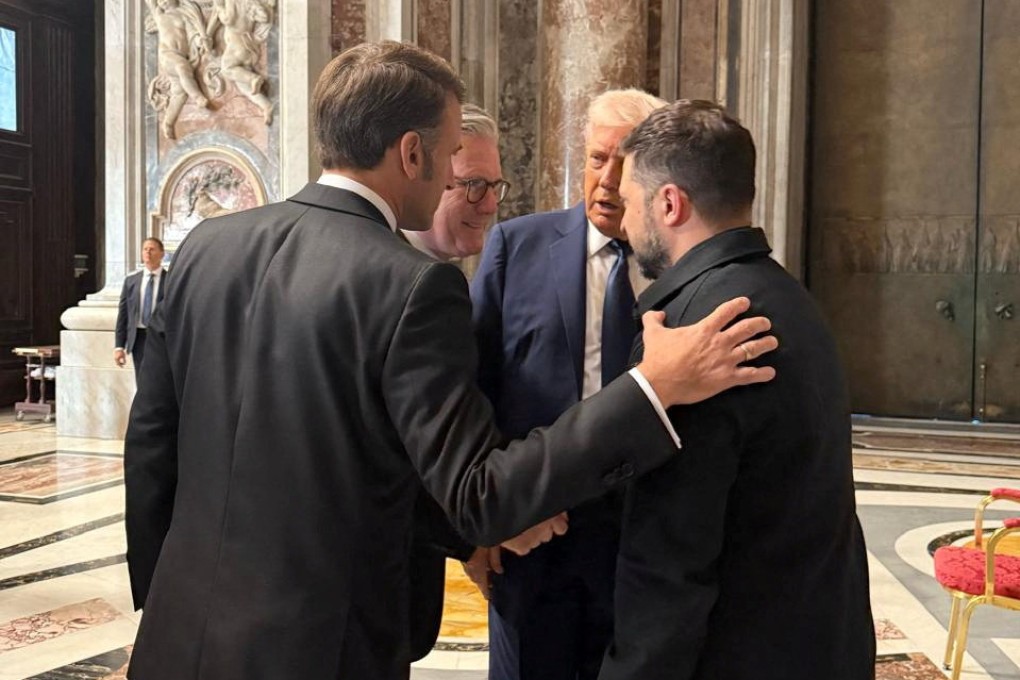 Ukraine’s President Volodymyr Zelensky, US President Donald Trump, French President Emmanuel Macron and British Prime Minister Keir Starmer meet while they attend the funeral of Pope Francis on Saturday. Photo: Handout via Reuters