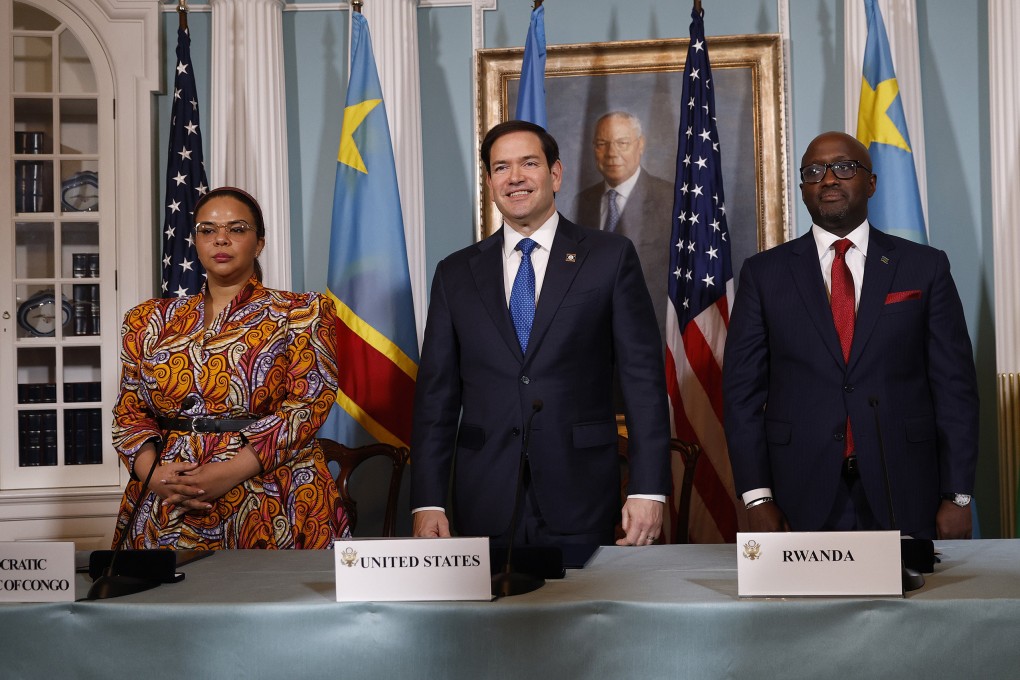 US Secretary of State Marco Rubio stands alongside Democratic Republic of the Congo Foreign Minister Therese Kayikwamba Wagner and Rwandan Foreign Minister Olivier Nduhungirehe at the State Department on Friday. Photo: TNS