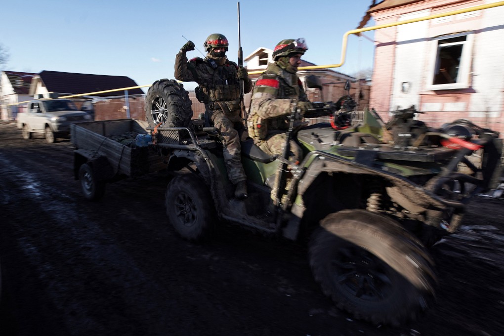 Russian soldiers ride a quad bike in the village of Kazachya Loknya, Kursk, on March 18. Photo: AFP/Getty Images/TNS