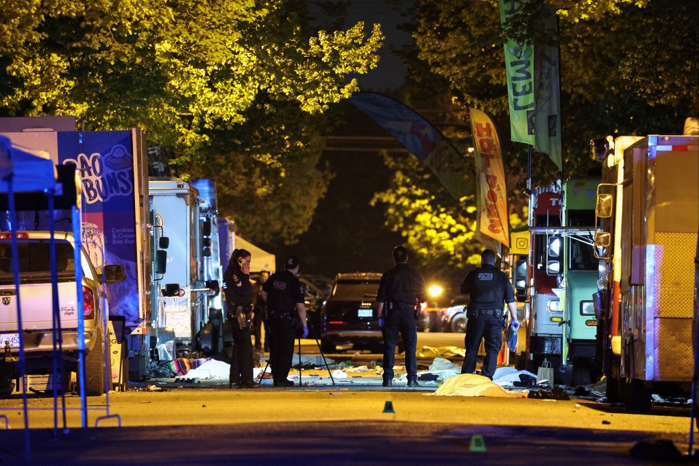 Police at the scene as bodies of victims lie covered on the ground, after a car-ramming at a Filipino festival in Vancouver, Canada at the weekend. Photo: Reuters