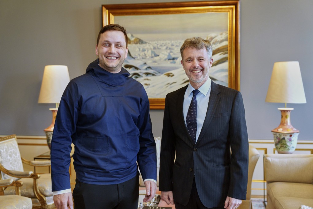 Denmark’s King Frederik (right) and Greenland’s new Prime Minister Jens-Frederik Nielsen at Amalienborg Castle in Copenhagen, Denmark on Monday. King Frederik’s trip to Greenland was postponed on Monday due to bad weather. Photo: Ritzau Scanpix via AP