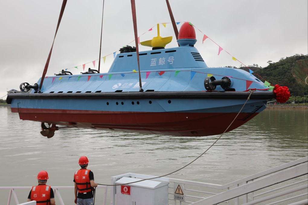 The “Blue Whale,” a cutting-edge high-speed uncrewed submersible, is launched in Zhuhai on Monday. Photo: Xinhua