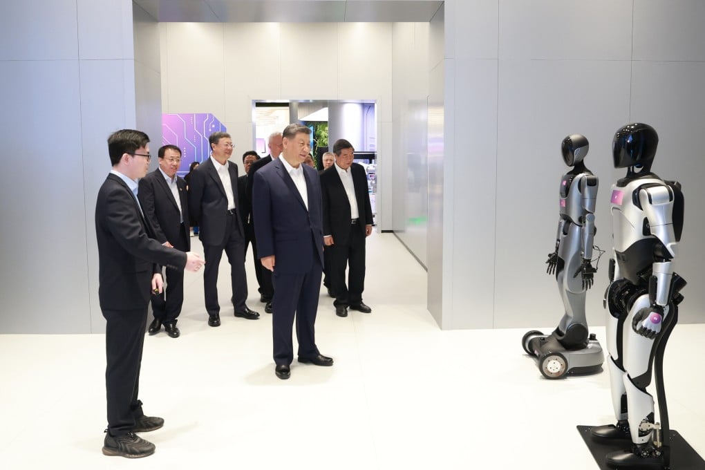 President Xi Jinping visits an industrial estate for AI start-ups as part of his inspection trip to Shanghai on Tuesday. Photo: Xinhua