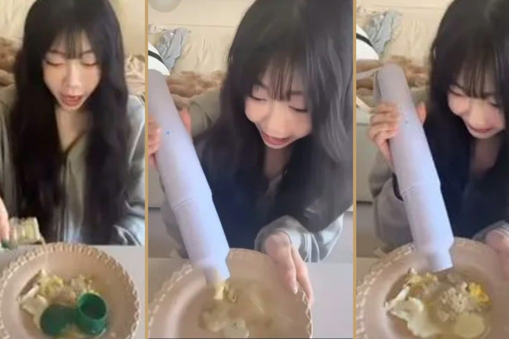 An influencer in Taiwan has been criticised for wasting food after she used a vacuum cleaner to suck up a fried egg in an advert. Photo: SCMP composite/IG@sharonn.88