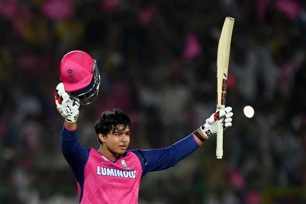 Rajasthan Royals’ Vaibhav Suryavanshi celebrates after becoming the youngest player to score an IPL century. Photo: Reuters